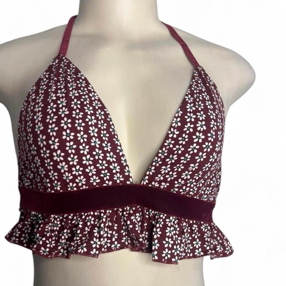 Burgundy Floral Halter Top with Ruffle Hem